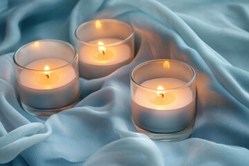 Poster - Candles glow softly in frosted glass holders on a delicate fabric backdrop, Candles glowing warmly in frosted glass holders on fabric background