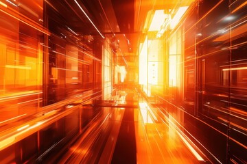 Poster - Abstract image of a hallway with orange and dark reflections of walls. Good for showing technological progress or other futuristic ideas.