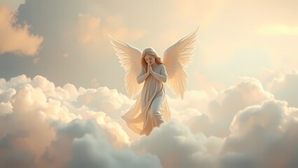Ethereal background displays a celestial angel figure amidst soft, glowing clouds and gentle, diffused light.