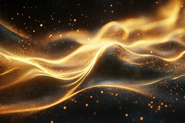 Poster - Abstract golden wave with sparkling particle on dark background. This image represents luxury, future, innovation, and technologies.
