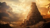 Dramatic depiction of tower of babel, symbolizing human ambition and language origins from genesis