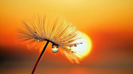 Wall Mural - Stunning macro shot of dandelion seeds with dew drops against a soft sunset background