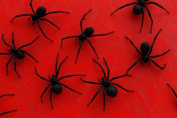Poster - black widow spider silhouettes on bright red background create striking visual contrast, black widow