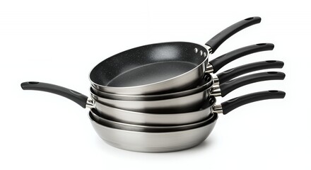Stack of Silver Nonstick Frying Pans with Black Handles Isolated on White