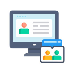 Poster - Online video conference meeting on computer, flat icon style