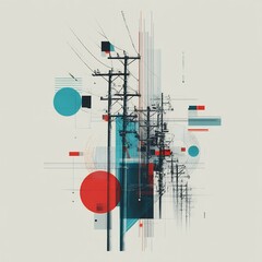 Poster - Abstract arrangement featuring power lines, geometric shapes, and muted hues