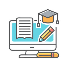 Poster - Digital education icon with computer, pencil and graduation cap