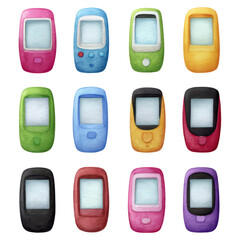 Poster - Colorful Vintage Mobile Phones in Artistic Watercolor Style, isolated on transparent background.