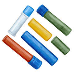 Poster - colorful lab test tubes and containers in various shapes and sizes, isolated on transparent backgrou