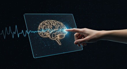 Aufkleber - Futuristic depiction of a digital brain with a hand interacting on a screen