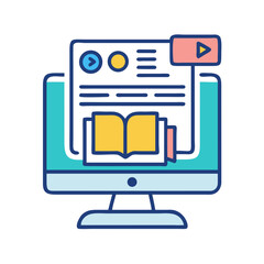 Poster - Online learning concept illustration on computer screen with book