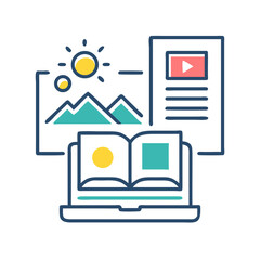 Poster - Online learning concept illustration with laptop book and video