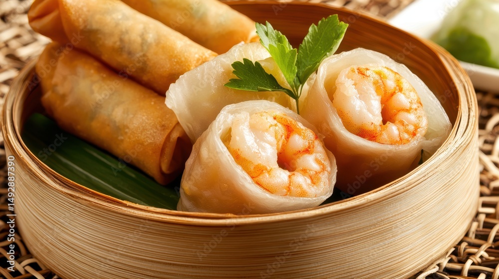 Spring Rice Rolls Dim Sum Dim sum and street food concept. Delicious spring rolls and shrimp rice ...