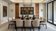 © Roun Sreylak - spacious dining room with a large rectangular table, modern upholstered chairs, and a striking feature wall with artwork and natural wood accents.