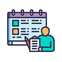 Poster - Scheduling activities shown through calendar, person, clipboard, pencil graphics