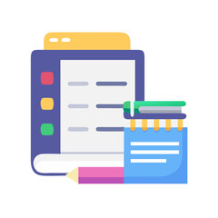 Poster - Flat design illustration of notepad, pencil, and stack of books