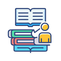 Poster - Stylized book stack graphic with person and magnifying glass