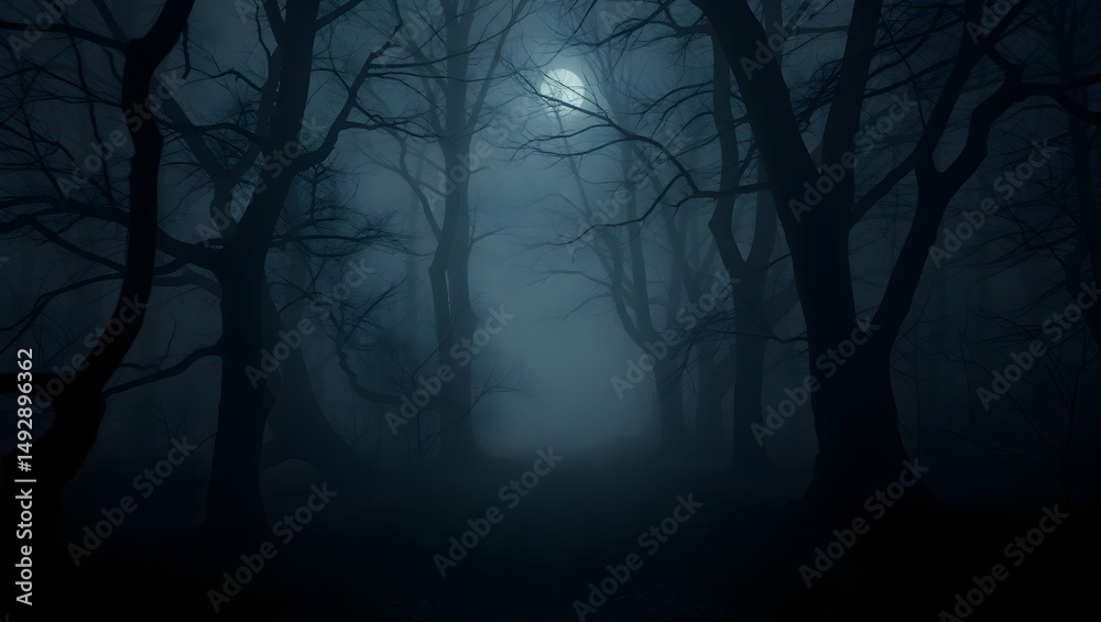 A mysterious foggy forest path lined with dark twisted trees under a ...