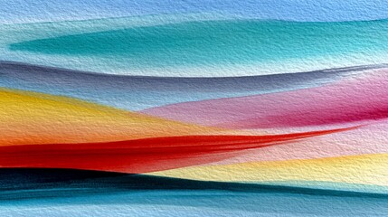 Poster - Abstract landscape painting with layered, flowing hues of teal, purple, pink, yellow, red and orange