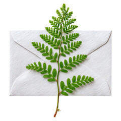 Poster - Fresh Green Fern on White Envelope Isolated on White Background, isolated on transparent background.