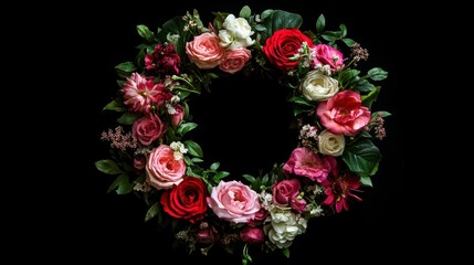 Poster - Vibrant floral wreath of pink, red, and white roses and other flowers on a black background.