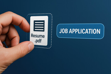 Poster - A strategic decision in business is shown through a digital resume being uploaded for a job application emphasizing efficiency and innovation
