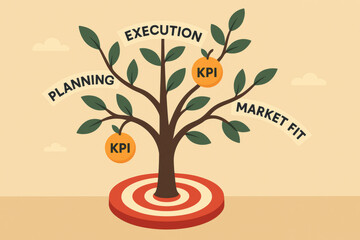Poster - A strategic growth tree illustrates essential business concepts such as planning execution and market fit highlighting key performance indicators that drive decision-making