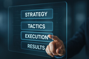 Poster - A hand interacting with a smart glass panel highlights the key business elements strategy tactics execution and results to support effective decision making and growth