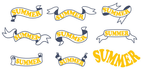 Set of signs with word summer. Lettering on ribbon. Seasonal ribbon emblem with the inscription. Vector element