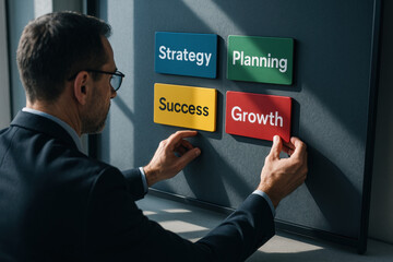 Poster - A focused manager arranges vibrant magnetic tiles on a sleek matte board symbolizing strategic planning and growth driving business success