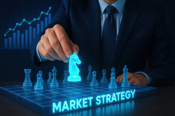 Poster - A businessman demonstrates strategic decision making by moving a glowing knight on a holographic chessboard symbolizing innovation and growth in market strategy