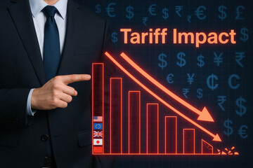 Poster - A business professional analyzes the strategic tariff impact showing a collapsing financial chart highlighting the decision challenges in global trade and economic efficiency