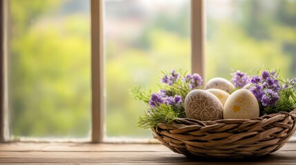 Poster - Easter eggs in a wicker basket with purple flowers, sitting on a wooden surface by a window.