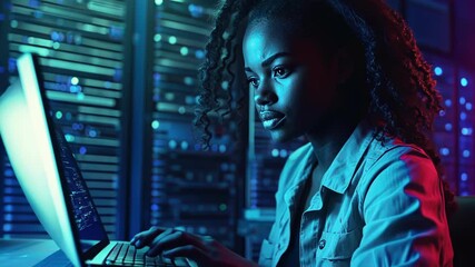 focused young adult African female working on a laptop in data center server room environment
