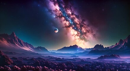 Wall Mural - fantasy night sky with large planet and milky way 4k