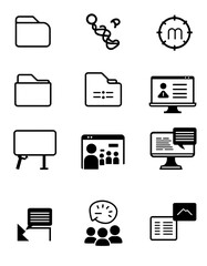 Poster - Vector Icon Collection for Digital Communication: An assortment of minimalist icons representing digital communication, including document folders, computer screens, and interactive elements.
