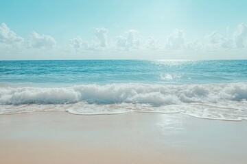 Wall Mural - Tranquil beach with gentle waves under a clear blue sky during a perfect vacation day, Idyllic perfect beach and tranquil sea waves vacation background