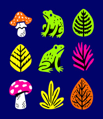 Poster - Whimsical Botanical Array: A playful arrangement of vibrant illustrations showcasing a charming toadstool and frog. The leaf elements offer a diverse collection of the essence of nature's elegance. 
