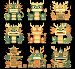 Fototapete - Dragon Artwork: A vibrant display of various stylized dragon figures against a deep backdrop. Showcasing a collection of unique and artistic dragon illustrations.