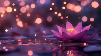 Poster - Glowing pink lotus flower on calm water at night, surrounded by bokeh lights and petals.