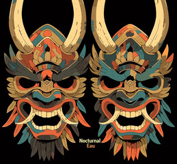 Poster - Masks of Myth: A captivating duo of intricately designed masks, each a vibrant tapestry of color and detail, set against a deep black background. Evoking ancient mysteries and cultural artistry.