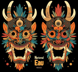 Fototapete - Mystical Mask: Two intricately designed masks against a dark backdrop, their vibrant colors and imposing features hinting at ancient traditions and a captivating narrative.
