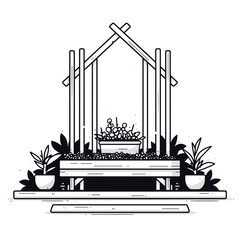 Poster - Simple Garden Arrangement: A minimalist monochrome illustration showcases a wooden garden structure, adorned with potted plants and a central planter filled with blooms, ideal for design and nature.