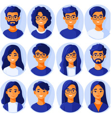 Poster - Diverse Avatar Set: A collection of twelve diverse avatar icons, showcasing a variety of hairstyles, genders, and ethnicities. Perfect for online profiles, websites.