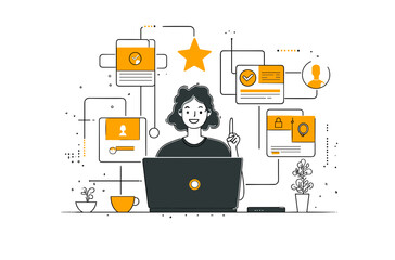 Poster - Professional Woman and Online System: An illustration of a confident woman working on her laptop, surrounded by an interconnected online system, stars and a coffee mug.