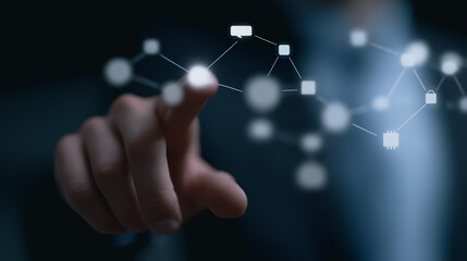Poster - Digital Connectivity: A person's hand points towards a network of interconnected digital nodes, embodying technological innovation and the modern digital age. 