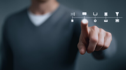 Poster - Innovative Timeline: A man's finger interacts with a futuristic timeline interface, symbolizing progress, planning, and innovation in a high-tech world.