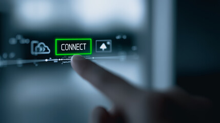 Poster - Connecting to the Digital World: A close-up of a finger pressing the glowing 