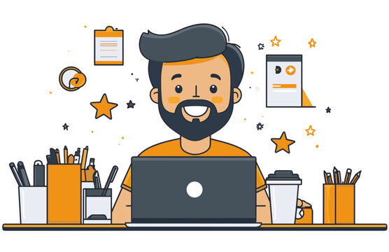 Freelance life illustration: the graphic depicts a modern professional, embodying a modern lifestyle. surrounded by elements suggestive of productivity and creativity.