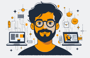 Poster - Tech-Savvy Professional:  A stylized illustration of a smiling, bearded man wearing glasses, surrounded by technology icons, representing a modern and skilled professional in the digital age. 